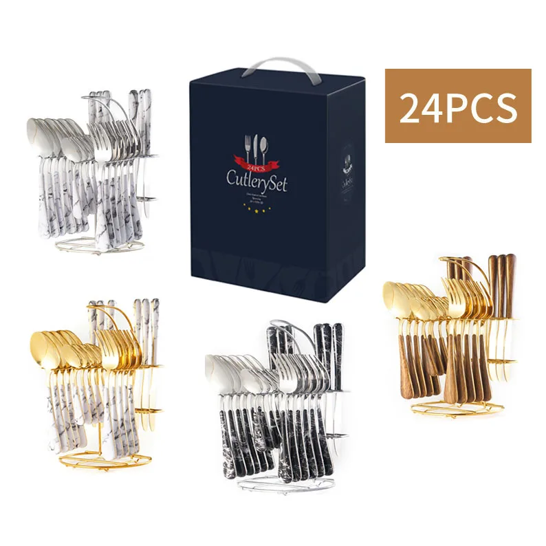 High Quality Stainless Steel Silver Knives And Forks Flatware Set 24 Pcs Cutlery Sets with rack