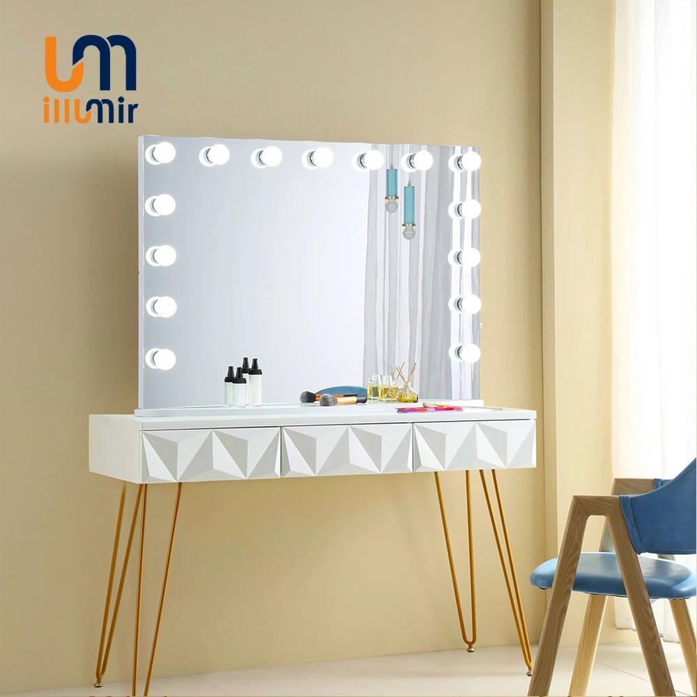 ILLUMIR HD Hollywood Style Mirror Large Aluminum Framed Led Lighted Table Vanity with 15 Light Bulbs for Girl Vanity Cosmetic