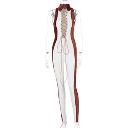 Hot Selling Summer Sexy Sleeveless Halter Contrast Color Matching Hollow Out Sports Slim Fit Women One Piece Jumpsuit