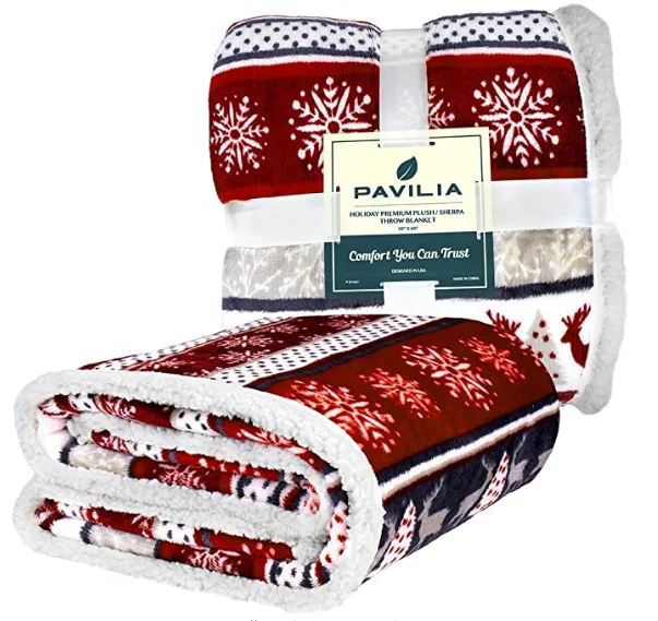 Premium Christmas Sherpa Throw Christmas Decoration Reindeers, Fleece, Plush, Warm, Cozy Reversible Microfiber Holiday