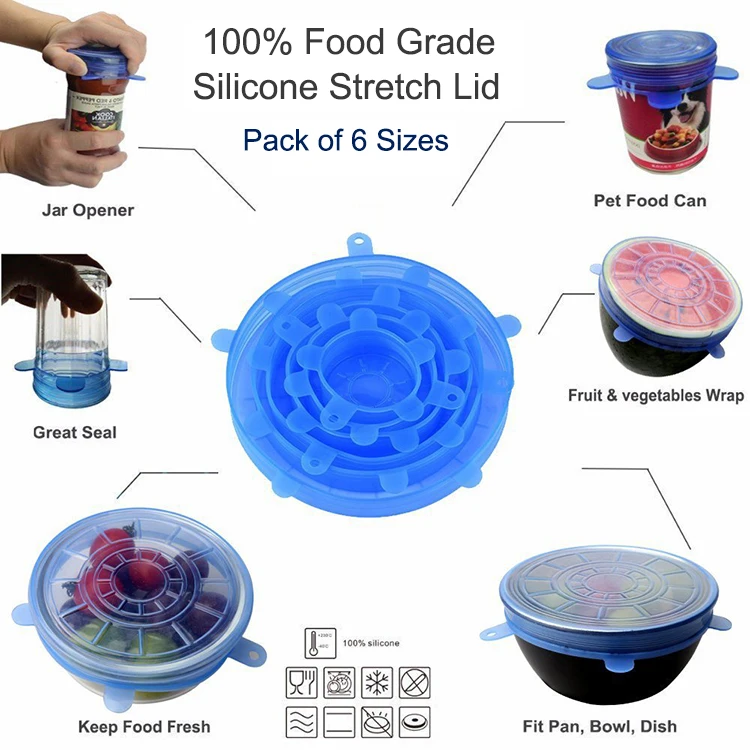 8-pack food grade environmentally friendly reusable silicone stretch cover food seal lid bowl with flexible food wrapper
