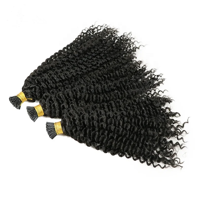 Highknight Wholesale Afro Kinky Curly Keratin I Tip Human Hair Extension Cuticle Aligned Virgin Hair Micro link Hair Extension