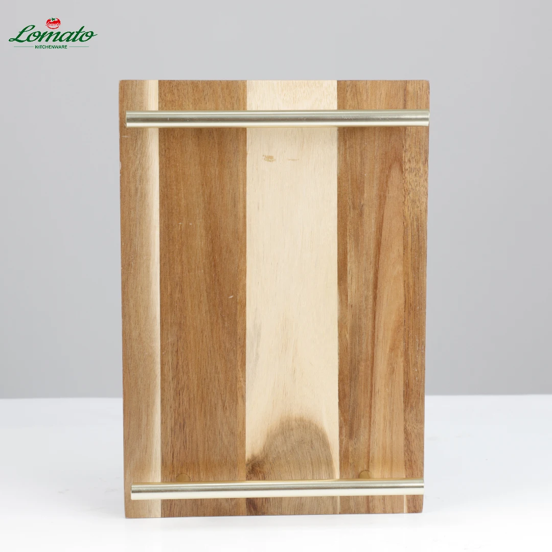 wholesale Factory Sale Premium Natural walnut acacia wooden trays with golden handles for breakfast