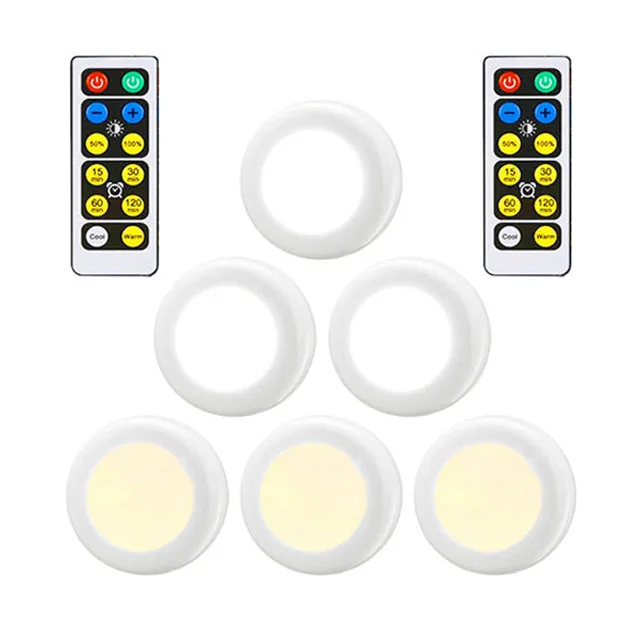 
6 Pack LED Puck Lights with Remote Control Operated , Stick on LED Under Cabinet Lighting with Timer, Cool White and Warm White 