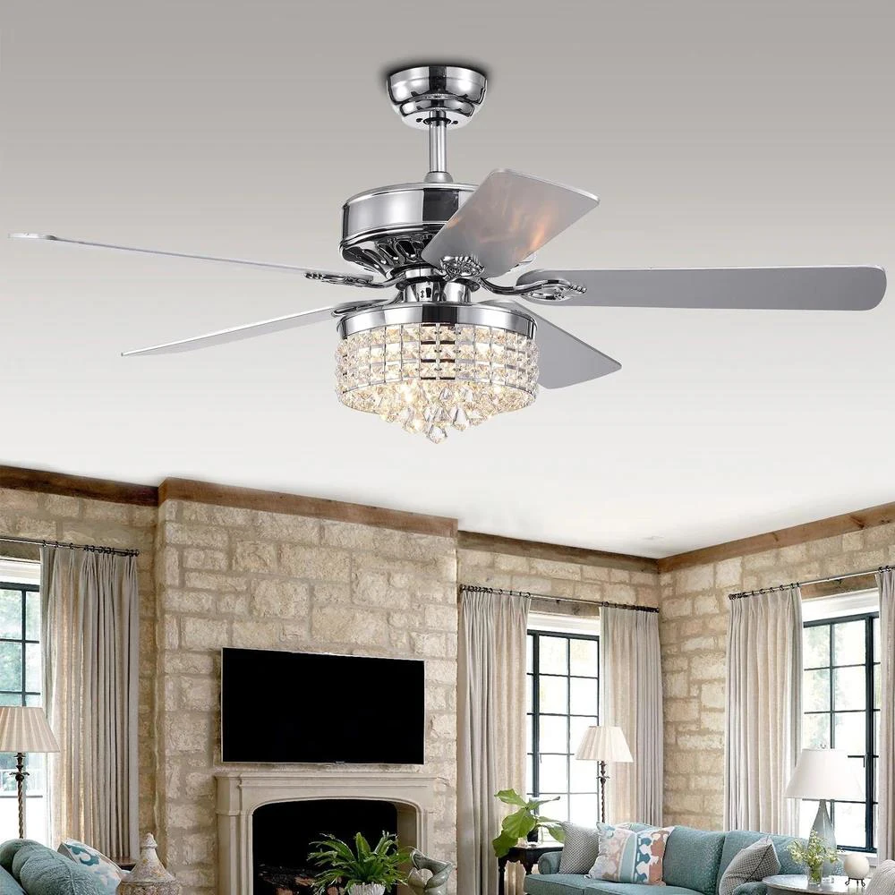52 Inch Indoor Decorative Remote Or Pull Chains Chrome Crystal Lamp Shade 2 Blade Colors LED Chandelier Ceiling Fan