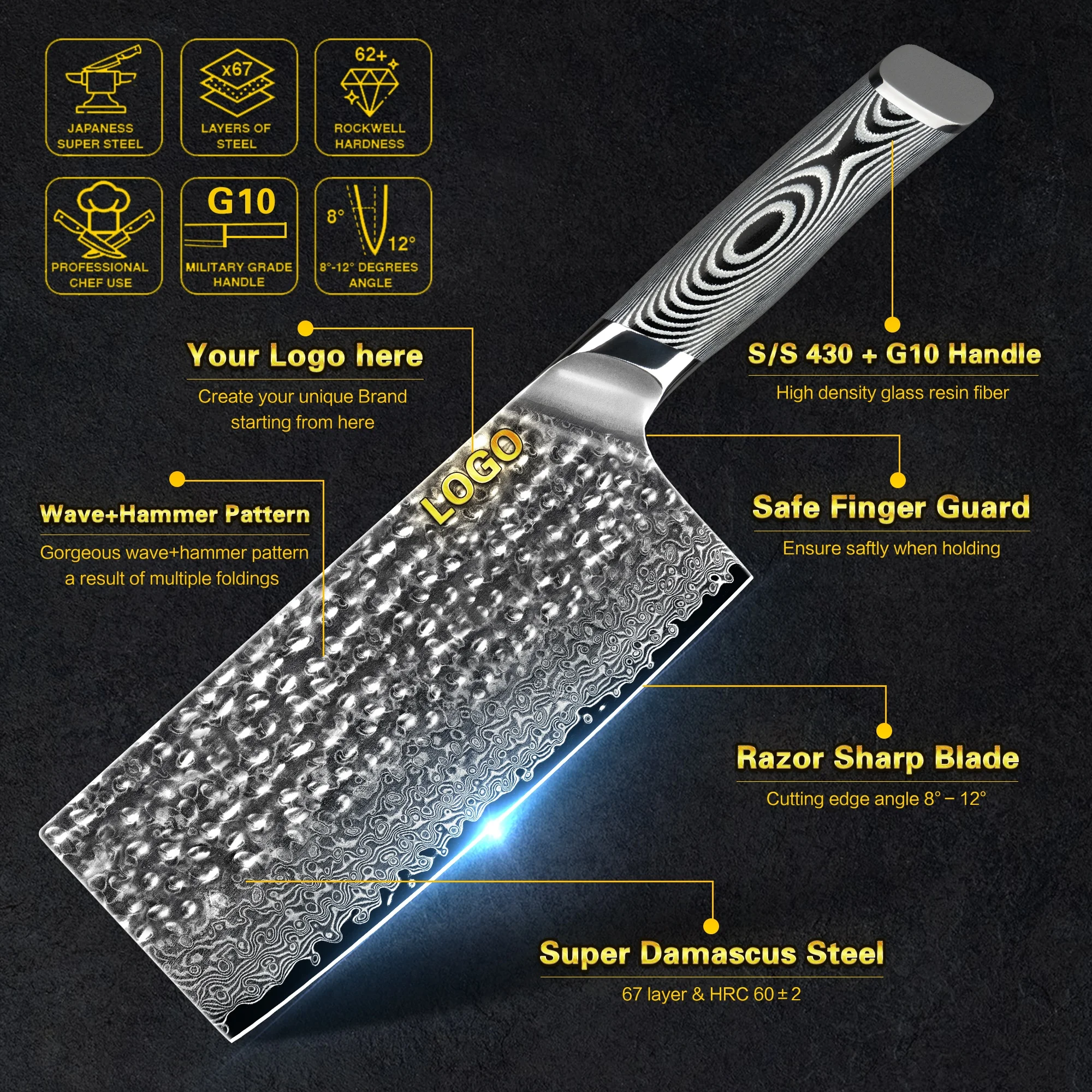 Grey G10 Handle 67 layer vg10 damascus steel chef knives chinese cleaver kitchen chopper knife with Hammered Pattern Blade
