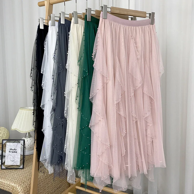 Summer New Pink Ball Gowns Sweet Tulle Skirt Women Elegant Asymmetric Mesh Lace Princess Dresses Beads A Line Skirts For Party