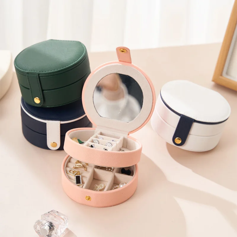 custom logo leather case organizer and travel jewelry storage box with mirror