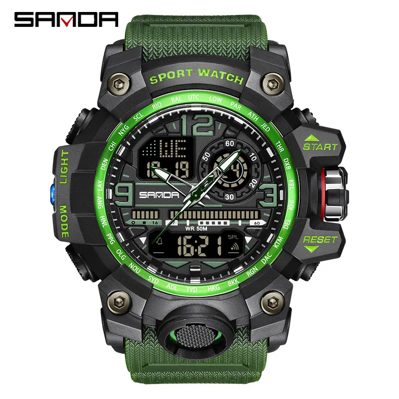 SANDA premium brand 5ATM deep waterproof shockproof hourly reporting digital sports watch men trend release