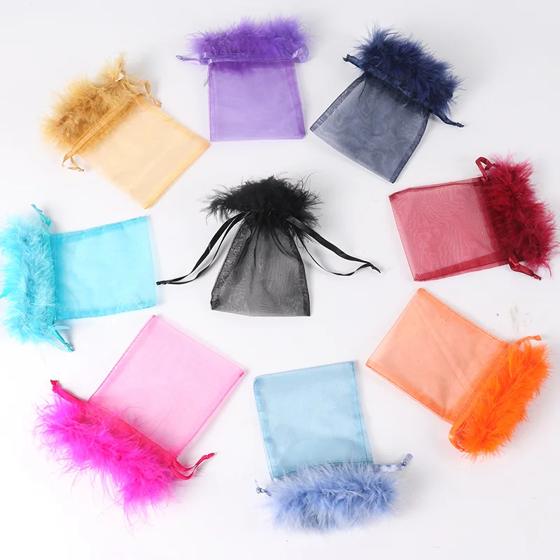 Custom Organza Bag 7x9 Wholesale Feather Organza Drawstring Pouches Gift Bags Jewelry Pouch Storage Fur Organza Bags