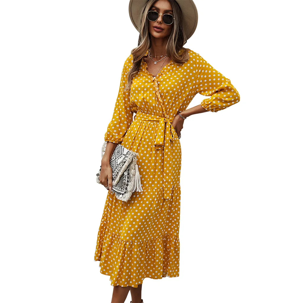 Chinese clothes supplier 100% polyester polka dots print ruffled v neck tiered gather big hem A line casual maxi dresses
