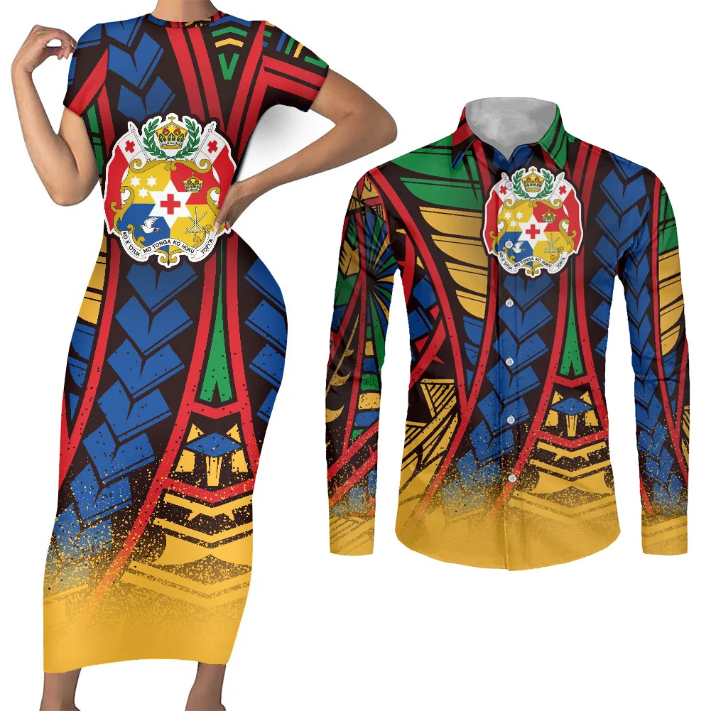 HD Gradient Tongan Island Print Long Bodycon Cheap Dresses Straight Fitted Dresses Women Custom Polynesian Tribal Couple Clothes