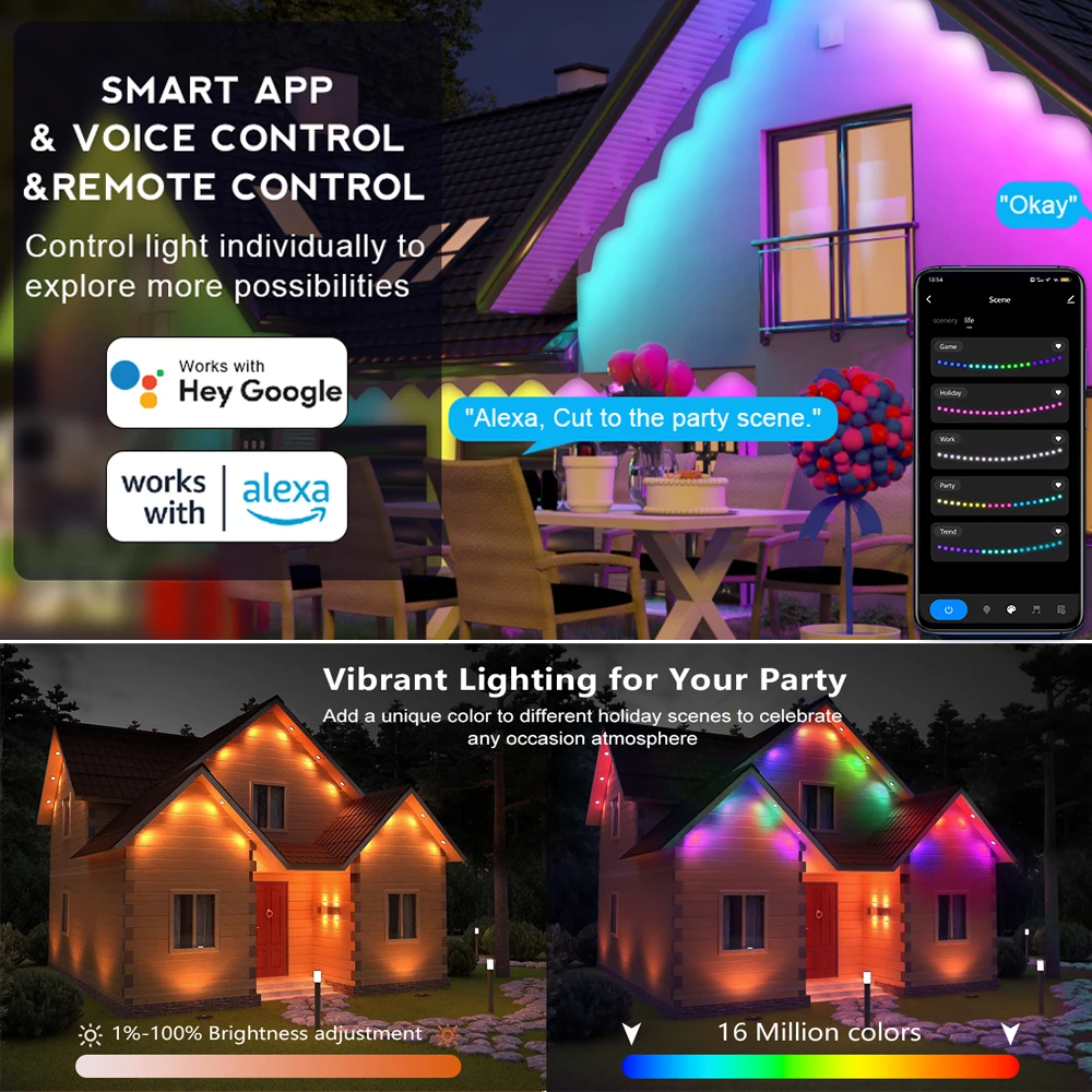 Ip65  Eaves  Lights APP Controls Led string Lights Permanent Christmas Lighting Outdoor Waterproof For  Roof Holiday  Smart Rgb