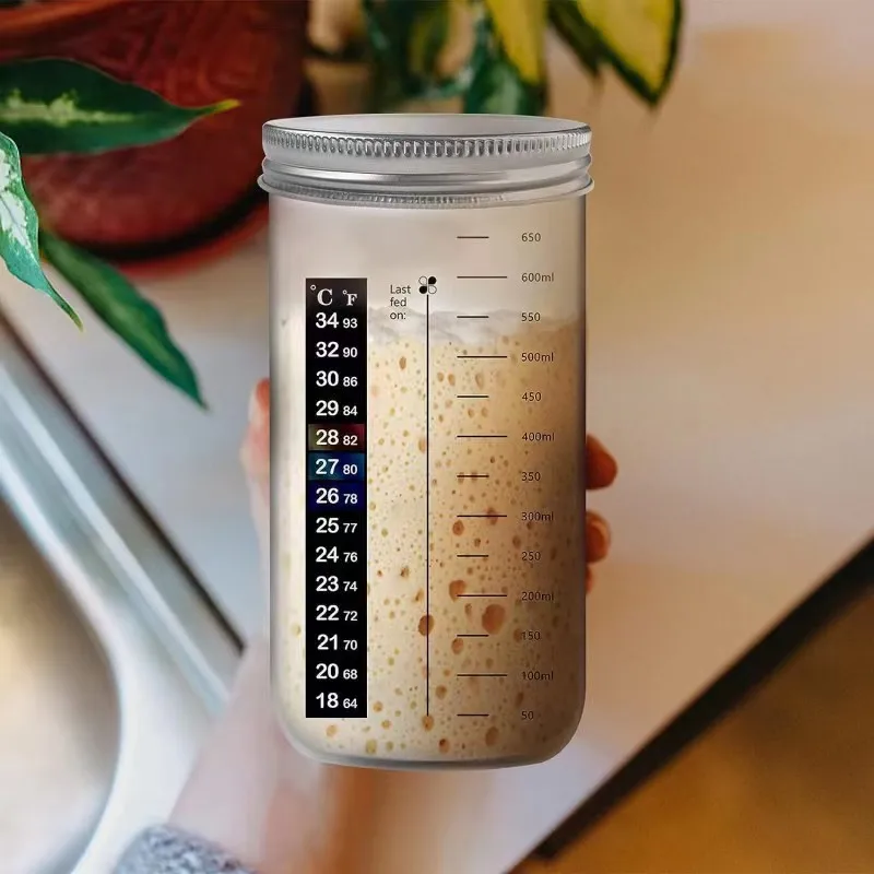 Thermometer Scraper Container Sewn Cloth Cover Metal Lid Starter Kit Sourdough Starter Jar With Date Marked Feeding Band