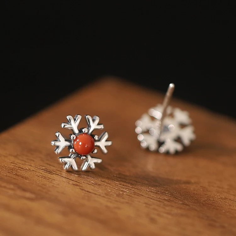 Fine 925 Silver Red Agate Turquoise Hexagonal Snowflake Stud Earrings For Women