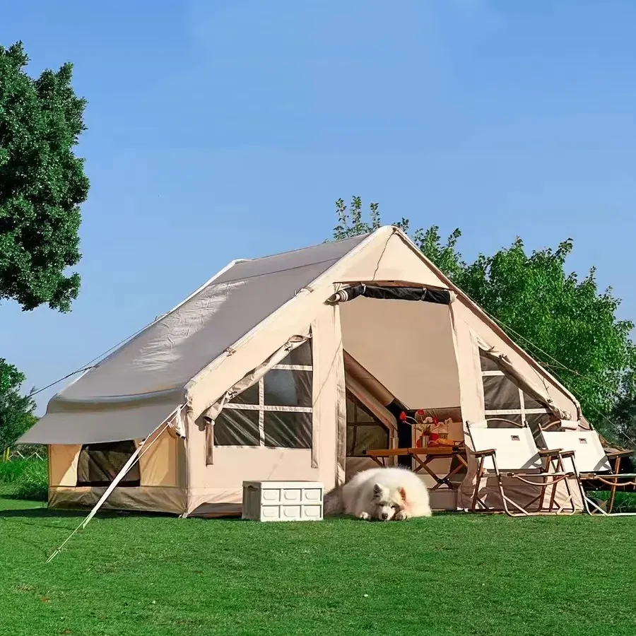 Glamping Luxury Family Camping Waterproof Large Air Pole Canvas Wall Inflatable Tent