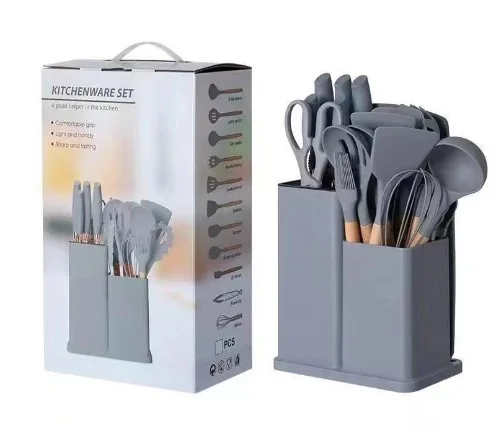 19-Piece Non-Stick Silicone Kitchenware Utensils Set Soup Spatula & Spoon Holder Cooking Tools for Cooking & Baking Bucket