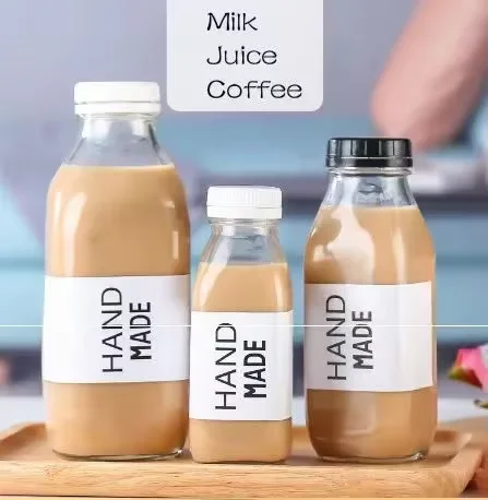 300ml 500ml Food grade glass bottles Square Milk Jars with Lids clear milk bottle holder with plastic lids
