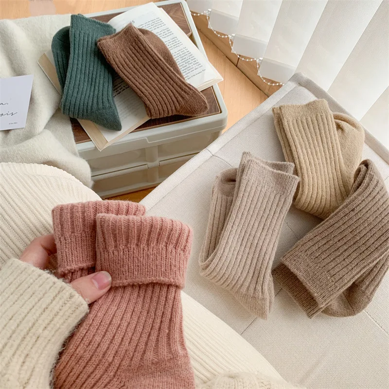 Носки женские из кашемира и шерсти, впитывающие пот, в рубчик, с свободными складными манжетами, Осень-зима