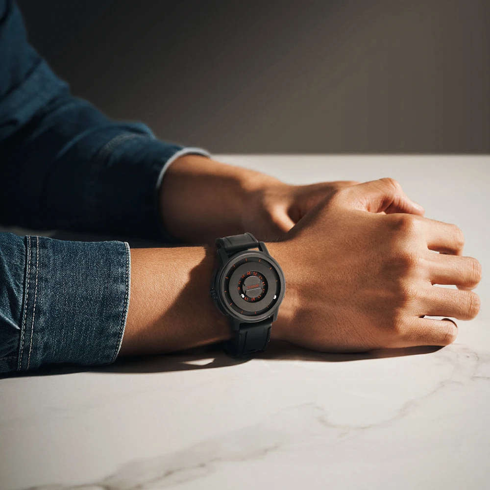 Antique Light Magnetic Movement Watch Full Black Dial 22mm Steel Silicone Band Buckle Clasp  Fashionable ODM Design