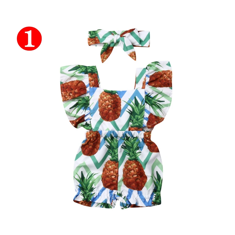 
0-3T Baby Girl pineapple flower print rompers + headband 2pcs Set Boutique Summer bodysuit set 