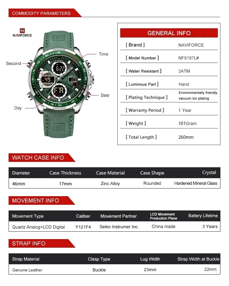 Reloj Naviforce Original Watch 9197 Fashion Digital Quartz Watches Men Luxury Sport Wristwatch Chronograph Dual Display Watch