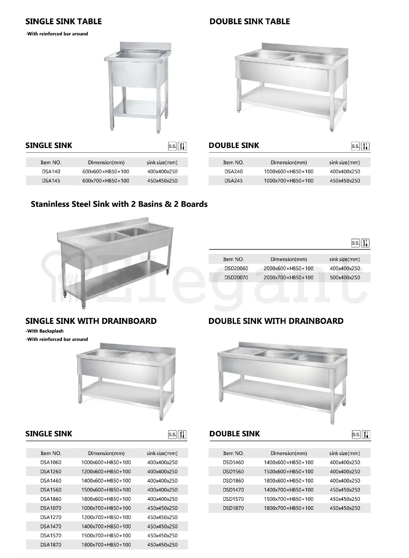 NSF Commercial Kitchen Square Tube Stainless Steel 201 304 Kitchen Prep Work Table Sink Table with Backsplash and Shelf