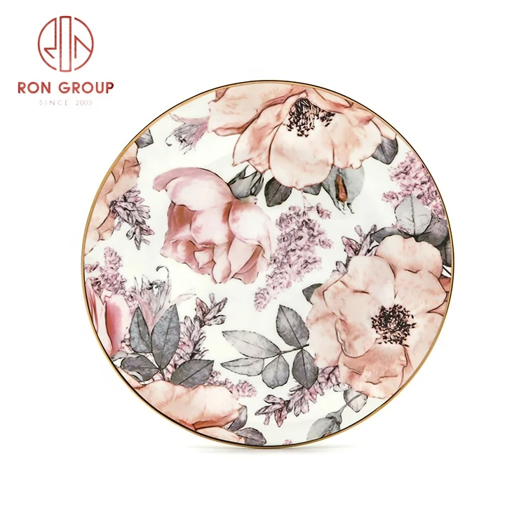 wholesale customized hand painted bone china luxury dish set plate pink floral steak cake dessert tableware dinner plates