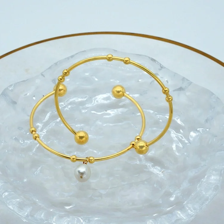  Wholesale Non Tarnish Gold Plated Stainless Steel Jewelry Beads Bangle Bracelet Open Cuff Freshwater