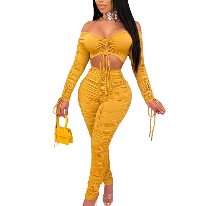 Fashion long sleeve crop top and leggings pants streetwear 2 piece set women