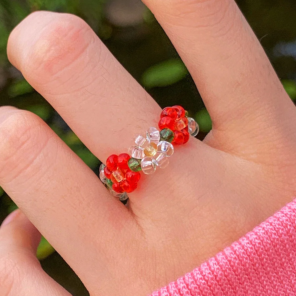 Fashion Resin Seeds Beads Flower Elastic Rings Women Sweet Colorful Adjustable Finger Ring Funny Summer Jewelry For Gifts