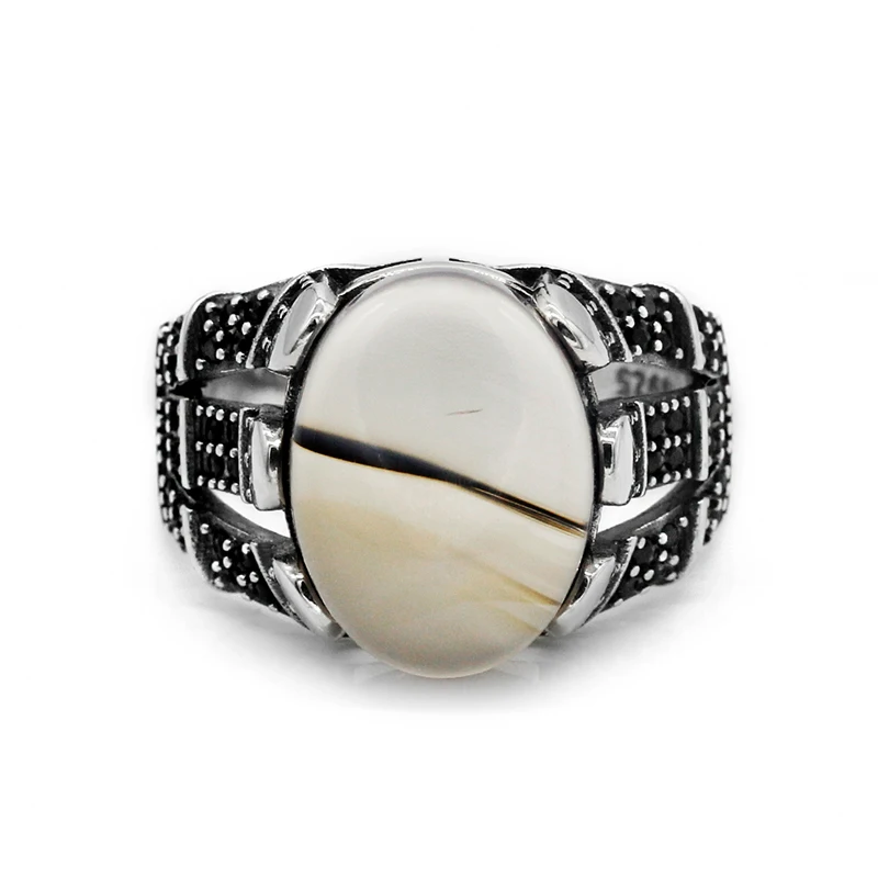 New Arrival 925 Sterling Silver Textual Agate Stone Men Ring,Turkish Jewelry Oxidized Silver Rings for Men Engagement Wedding