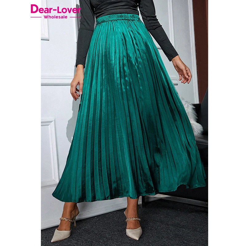 Dear-Lover Wholesale Women Blackish Green Satin Elastic Waist Pleated Maxi Skirt