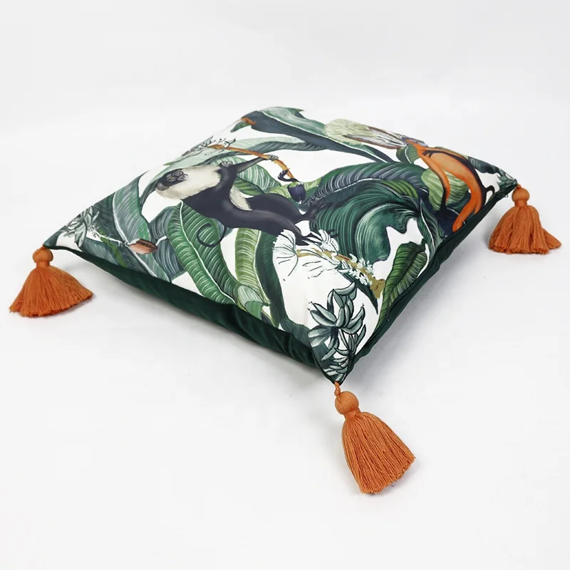 Latest design monkey printed big tassel cushion cover, popular decorate cushion cover