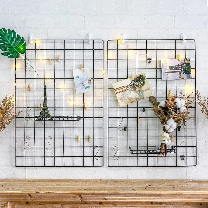 Home storage style wall grid DIY install metal wire wall gird panel photo organizer wall decoration