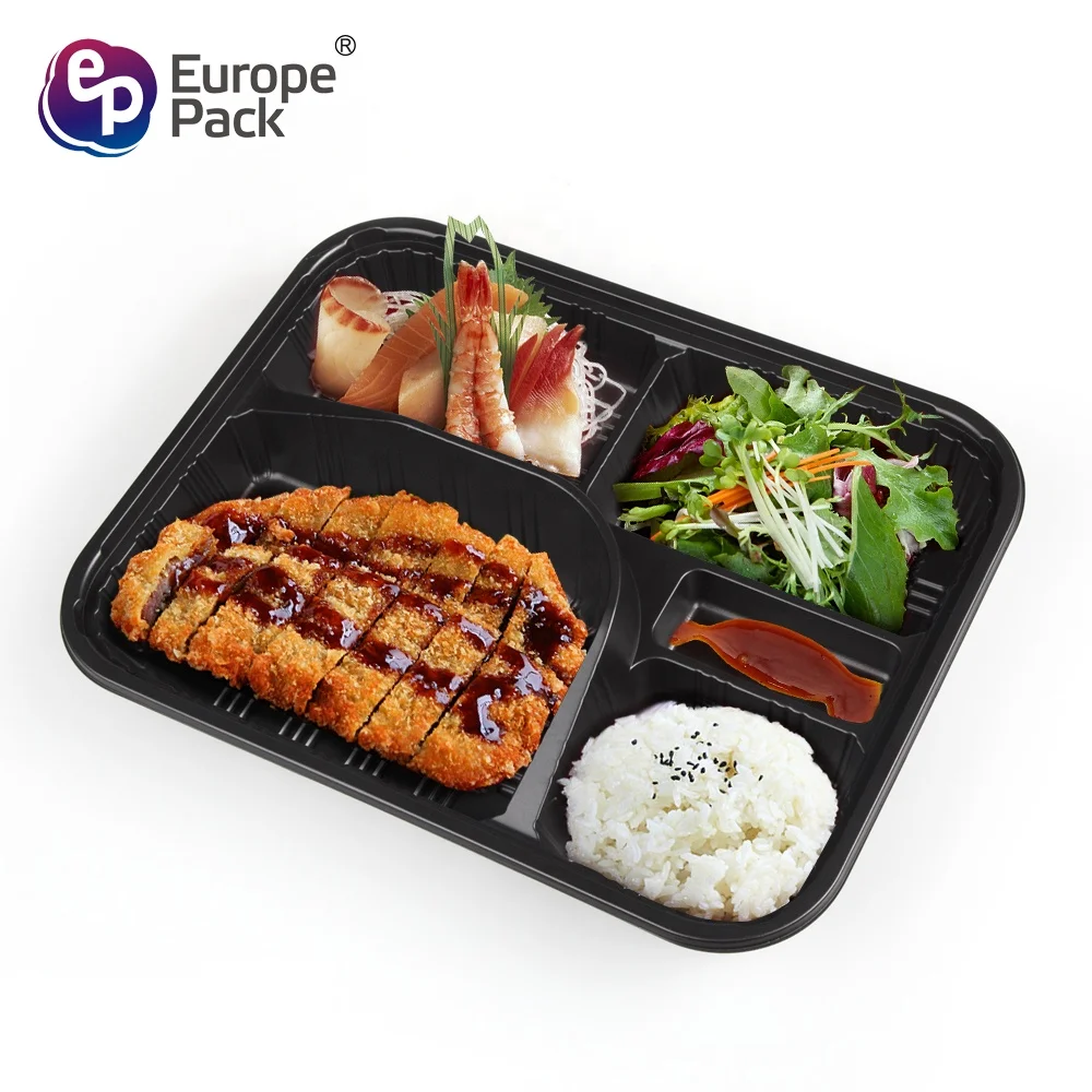 Japanese Disposable Bento Tiffin Lunch Boxes Black with 5 Compartments Storage Boxes & Bins Food Container Plastic for Food