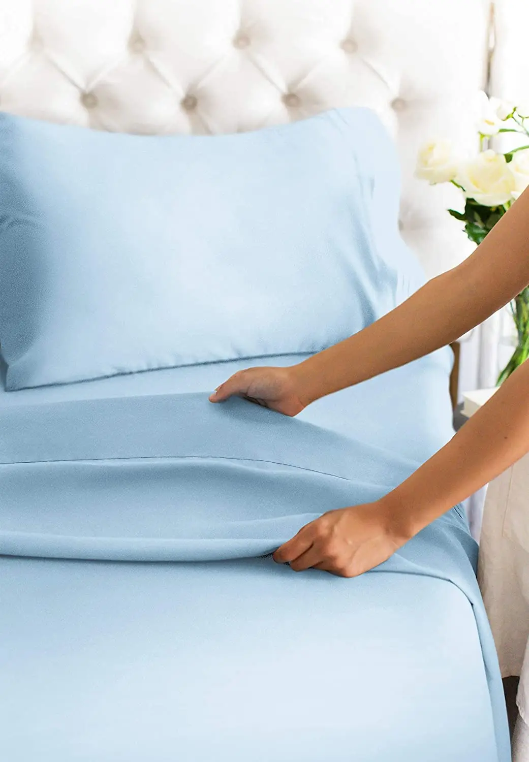 2000 Series Collection Brushed Microfiber Luxury 3 Lines Embroidery 4 Pieces Bedding Bed Sheet Set Sky Blue Queen