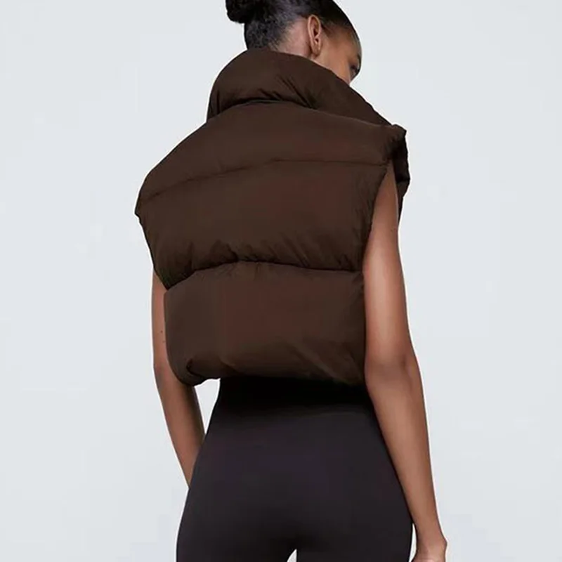 wholesale winter stand up collar zipper sleeveless cropped puffer women vest jacket