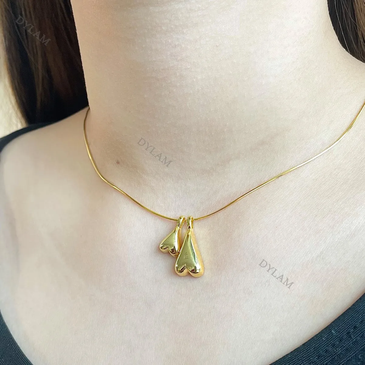 Dylam Ins/Лидер продаж, модные Змея регулируемые цепочка Ожерелье 18K Позолоченные стерлингового серебра 925 Двойное сердце кулон ожерелье