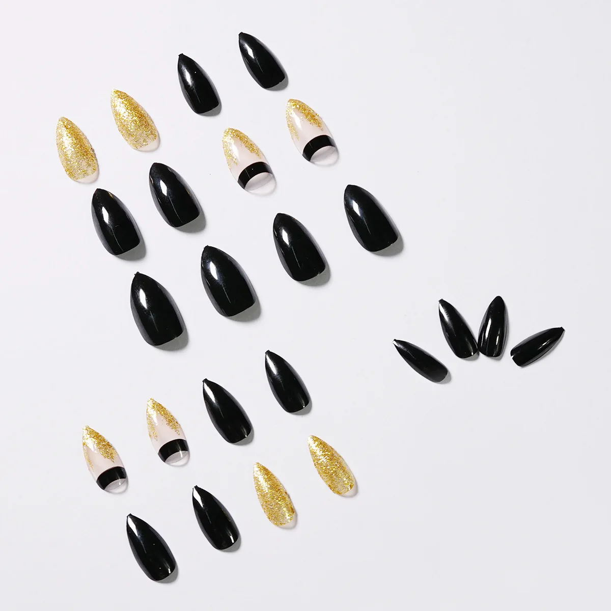 Finished product black and gold glitter nail art vendors reusable press on nails handmade 24 pcs nails