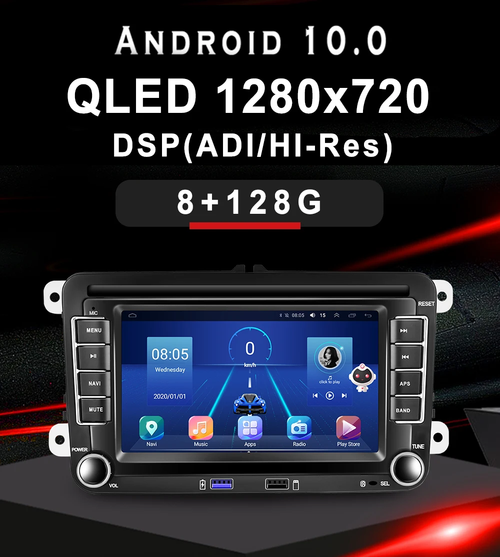2 Din 7' QLED Android 10  8+128G Carplay 8 Core Car Radio Stereo Smart Voice/GPS/Wifi/BT/4G/DSP/Hi-Res For VW/VOLKSWAGEN/POLO