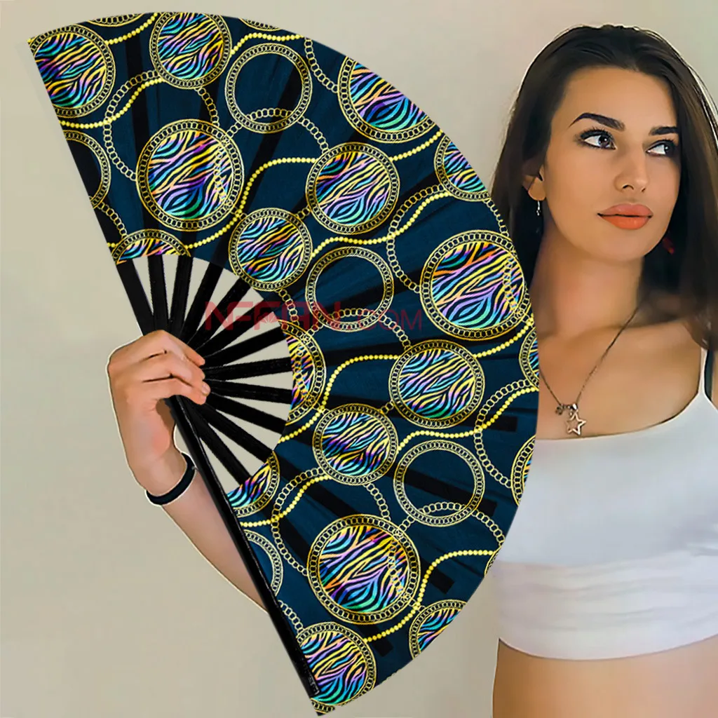 2022 New Design UV Glow Large Bamboo Rave Festivals Folding Clacking Fan Custom Printed