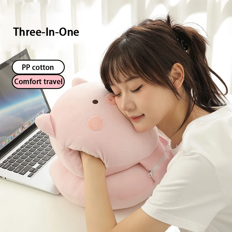 Multifunction Micro Fiber 3 In 1 Pillow Office Chair Neck Cartoon Pig Zipper Soft Fluffy Pillows