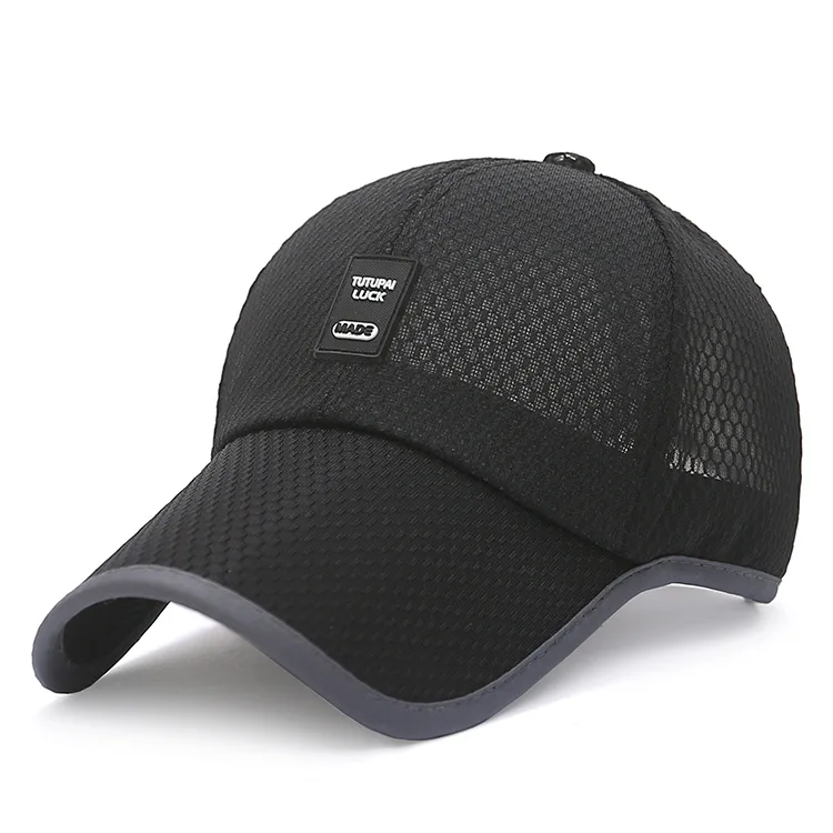 High quality adjustable quick dry nylon polyester mesh 6 panel leather rubber applique sports caps trucker hats