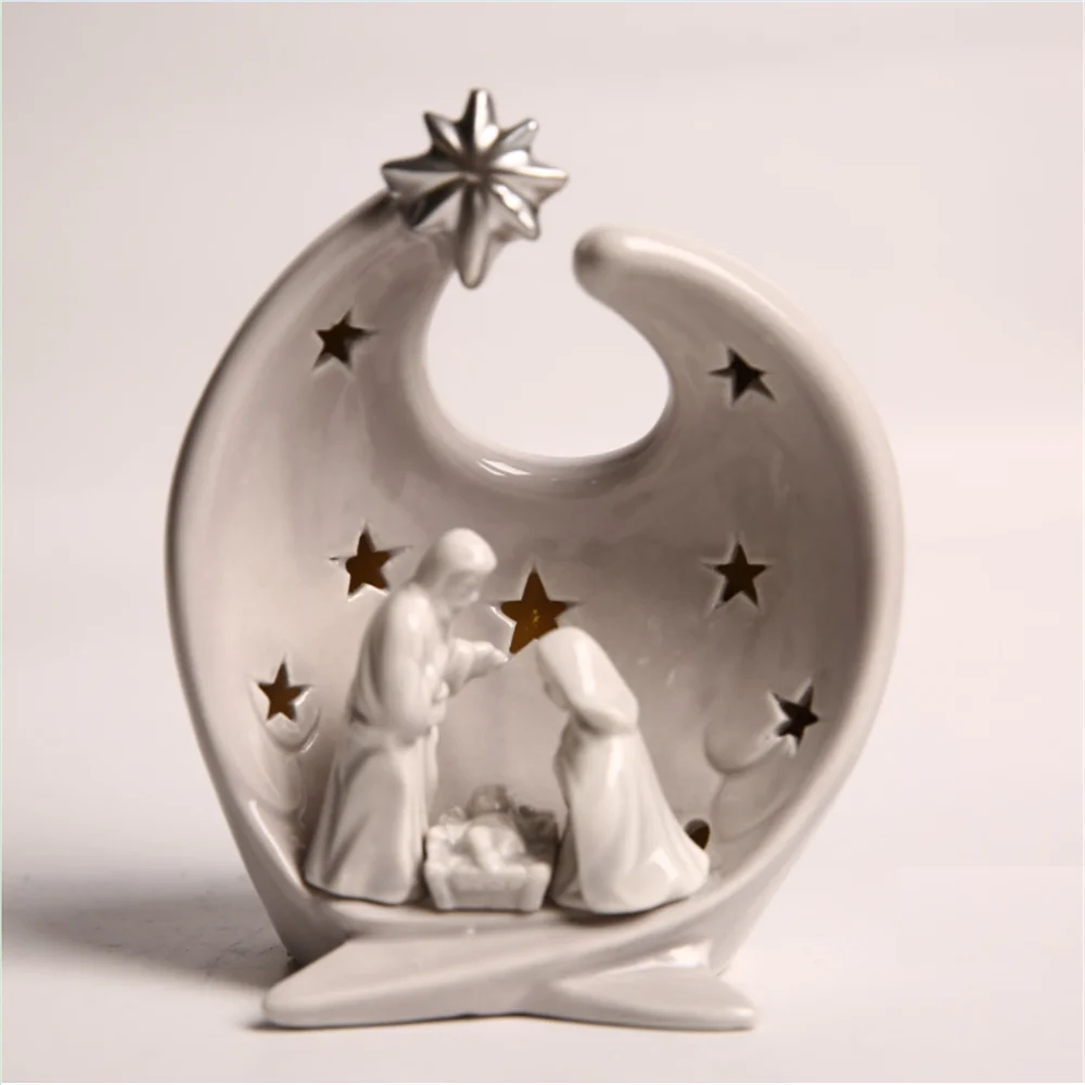 Christmas Ceramic Crafts Holy Family Nativity with LED Light