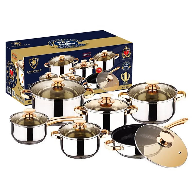 New Product Explosion Gold 12 Pcs Non Stick Stainless Steel Cookware Sets Pots And Pans Cooking Pot Set