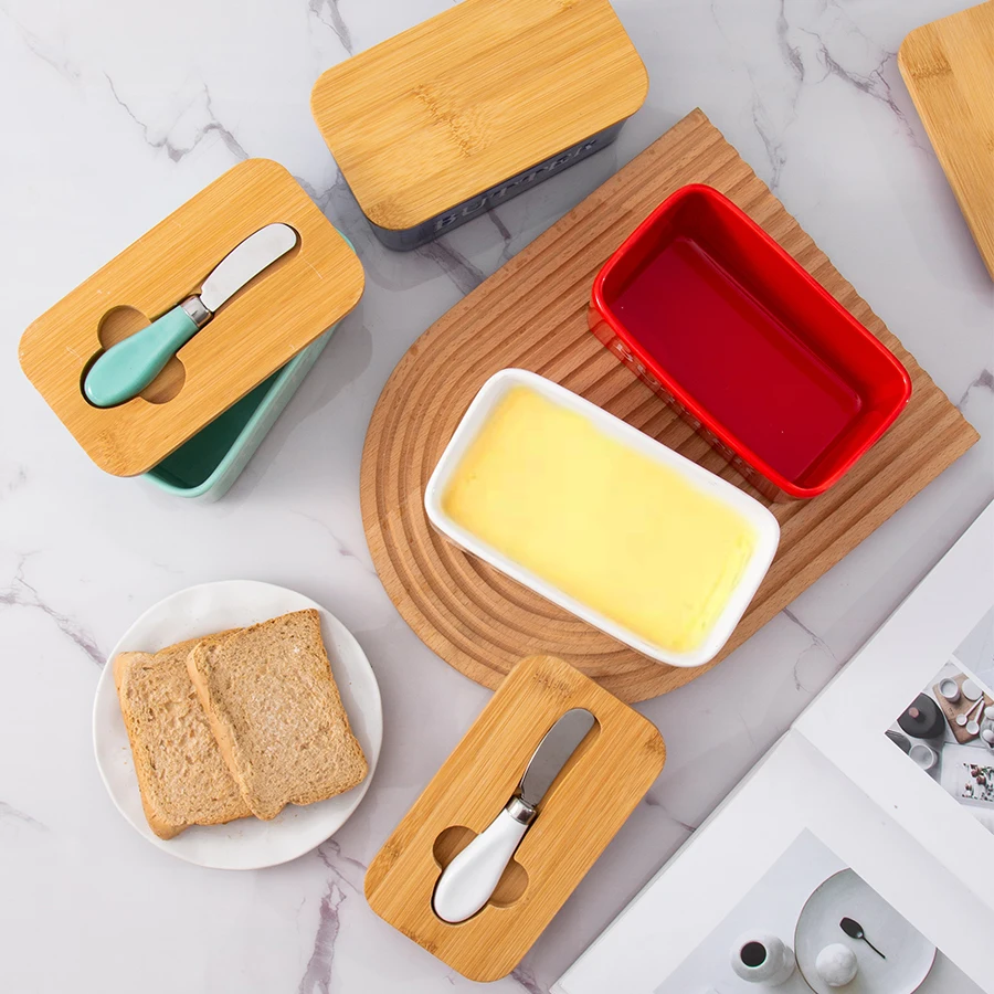 Western fresh cheese box porcelain set Bamboo and wood lid ceramic butter box with knife sealed tank butter box