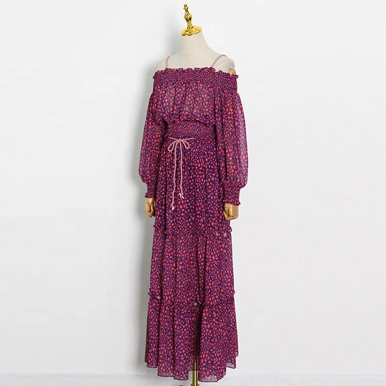 2022 Summer Korean Polka Dot Skirt Suit One-Shoulder Lantern Sleeve Chiffon Shirt and High Waist Long Swing Dress