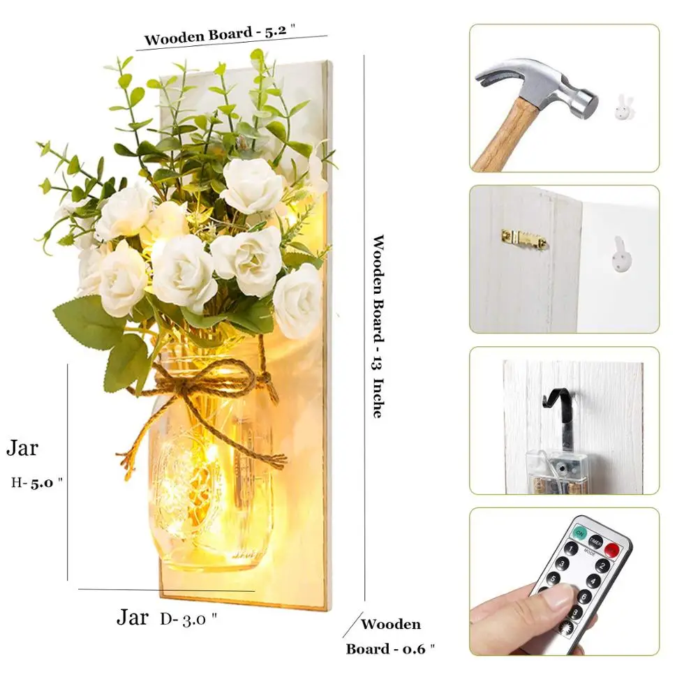 Настенные светильники в деревенском стиле с белыми цветами настенные ручной работы Мейсона подвесные дизайнерские светодиодные фонарики и белая роза