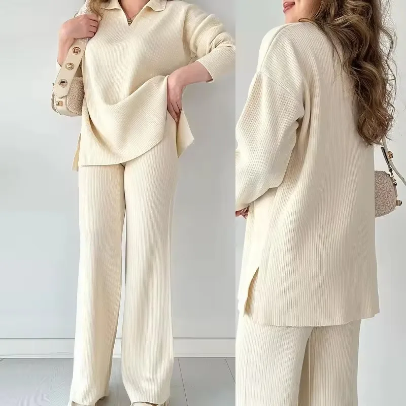 Womens Suit Knit Sweater Set Custom Designer Winter Cotton Polyester Knit Sweater 2 Piece Set Women Knit Two Piece Sweater Set